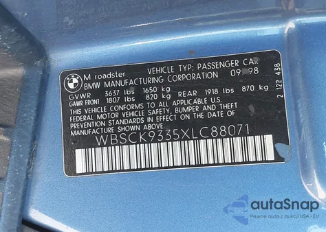 1999 BMW M из США, поврежденный, VIN WBSCK9335XLC88071